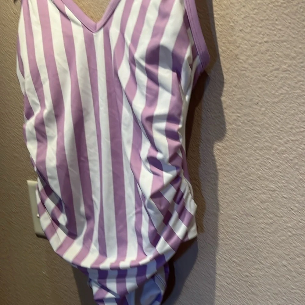 New Kona Sol 14W Lavender Purple Striped Retro Swimsuit- One Piece NWT